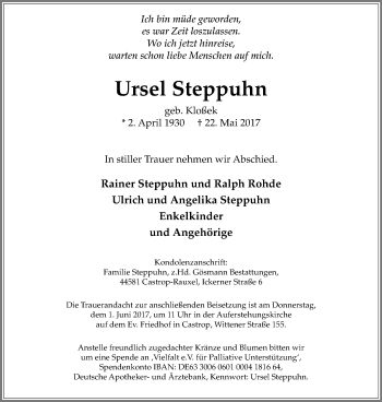 Traueranzeige von Ursel Steppuhn von Stadtanz.Castrop-Rauxel