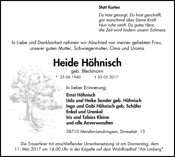 Traueranzeige von Heide Höhnisch von Stadtspiegel Menden + Froendenberg