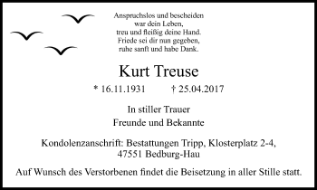 Traueranzeige von Kurt Treuse von Klever Wochenblatt