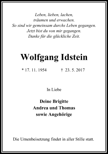 Traueranzeige von Wolfgang Idstein von Stadtanzeiger Velbert + Heiligenhaus