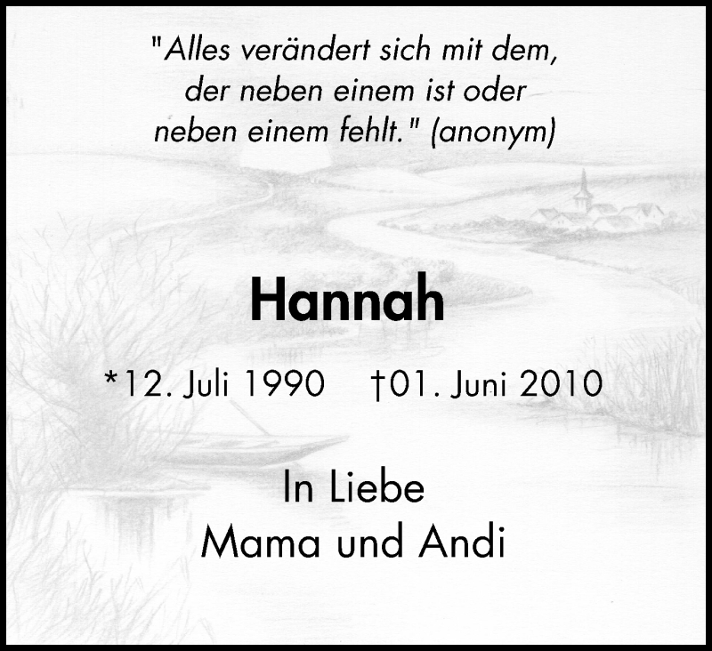  Traueranzeige für Hannah  vom 31.05.2017 aus Wochen-Anzeiger Langenfeld/Monheim/Hilden