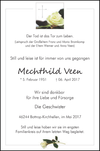 Traueranzeige von Mechthild Veen von Stadtspiegel Bottrop