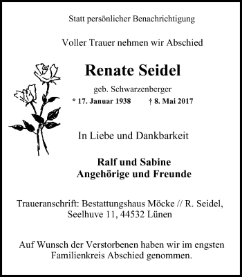 Traueranzeige von Renate Seidel von Lüner Anzeiger
