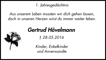 Traueranzeige von Gertrud Hövelmann von Wochen-Anzeiger Oberhausen