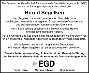 Traueranzeige von Bernd Segelken von Stadtanzeiger Emmerich/Rees/Isselburg + Klever Wochenblatt