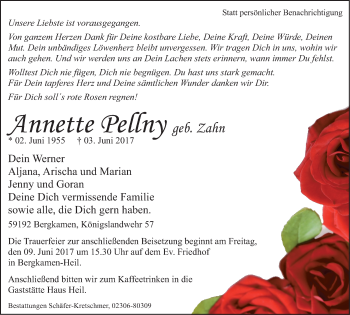 Traueranzeige von Annette Pellny von Stadtspiegel Kamen + Unna