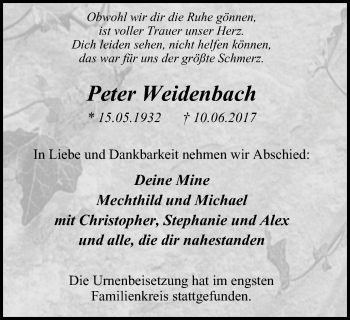 Traueranzeige von Peter Weidenbach von Stadtspiegel Bottrop