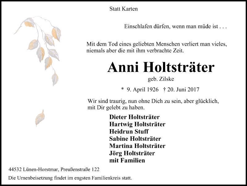  Traueranzeige für Anni Holtsträter vom 24.06.2017 aus Lüner Anzeiger