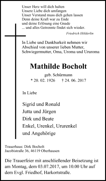 Traueranzeige von Mathilde Bocholt von Wochen-Anzeiger Oberhausen