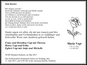 Traueranzeige von Maria Vogt von Stadtspiegel Menden + Froendenberg