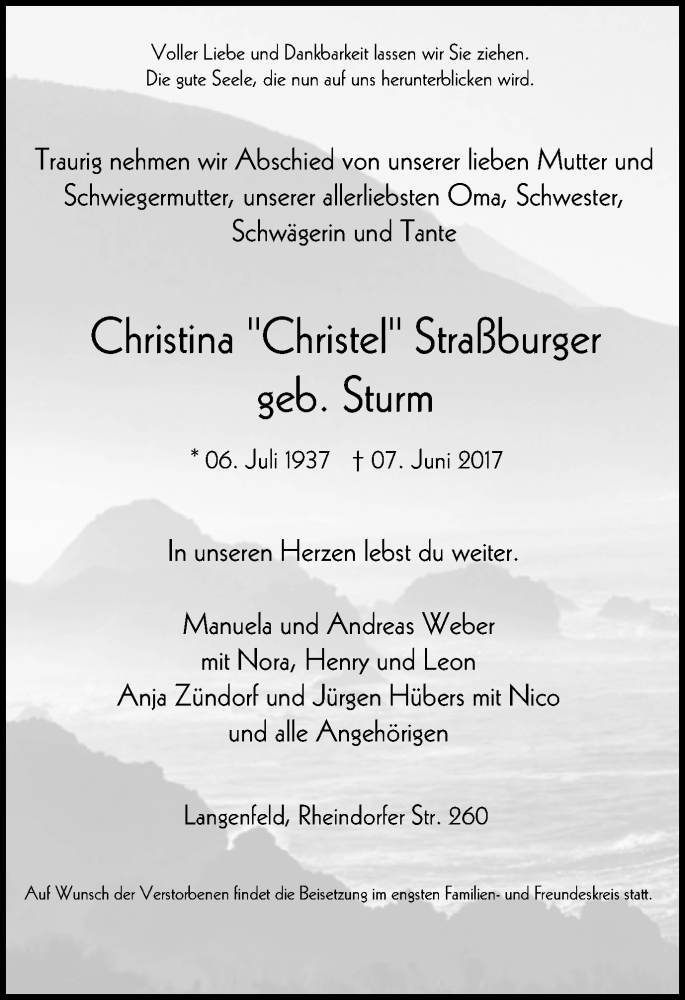 Traueranzeige für Christina Straßburger vom 17.06.2017 aus Wochen-Anzeiger Langenfeld/Monheim/Hilden