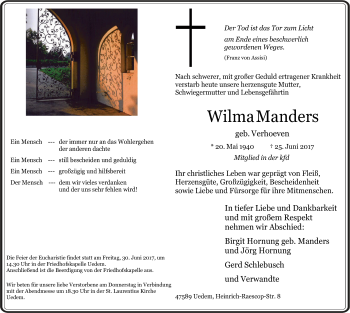 Traueranzeige von Wilma Manders von Gocher Wochenblatt