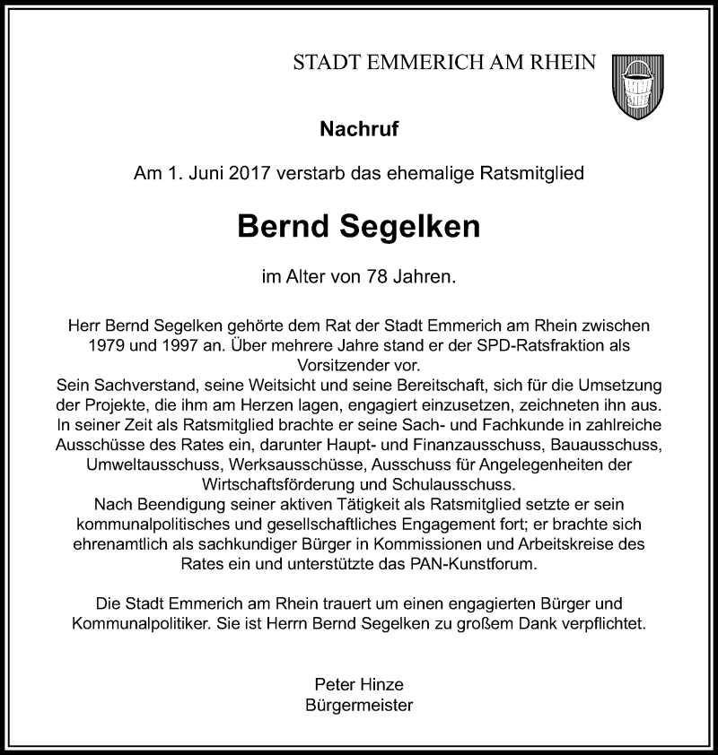  Traueranzeige für Bernd Segelken vom 17.06.2017 aus Stadtanzeiger Emmerich/Rees/Isselburg + Klever Wochenblatt