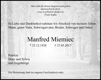 Traueranzeige von Manfred Miemiec von Stadtspiegel Bochum + Wattenscheid