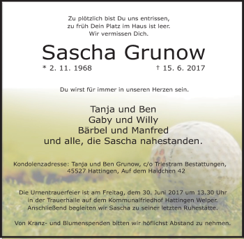 Traueranzeige von Sascha Grunow von Stadtspiegel Hattingen/Niedersprockhövel