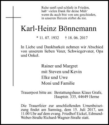 Traueranzeige von Karl-Heinz Bönnemann von Wochenblatt Herne/Wanne-Eickel