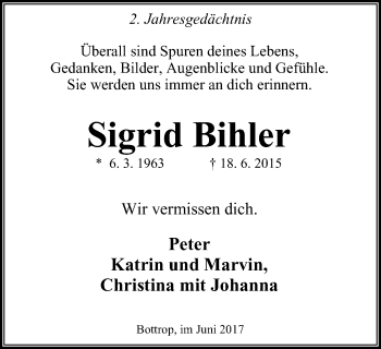 Traueranzeige von Sigrid Bihler von Stadtspiegel Bottrop