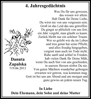 Traueranzeige von Danuta Zapalska von Stadtspiegel Iserlohn + Hemer