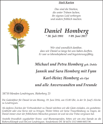 Traueranzeige von Daniel Homberg von Stadtspiegel Menden + Froendenberg