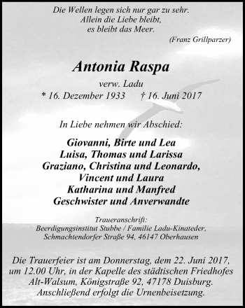 Traueranzeige von Antonia Raspa von Wochen-Anzeiger Duisburg