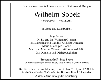 Traueranzeige von Wilhelm Sobek von Stadtspiegel Bottrop