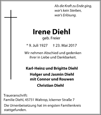 Traueranzeige von Irene Diehl von Stadtanz.Castrop-Rauxel