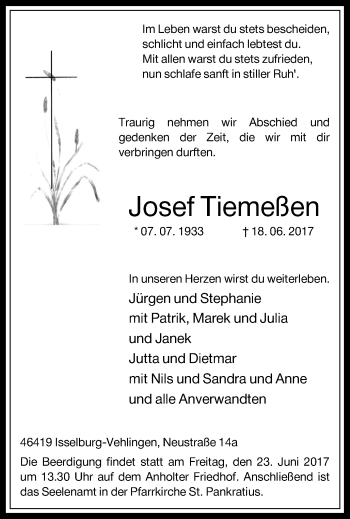 Traueranzeige von Josef Tiemeßen von Stadtanzeiger Emmerich/Rees/Isselburg