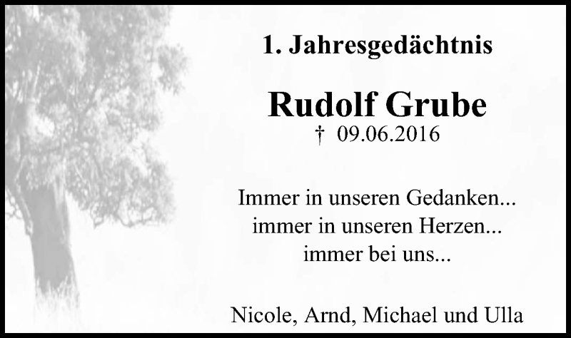  Traueranzeige für Rudolf Grube vom 10.06.2017 aus Mülheimer Woche
