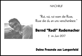Traueranzeige von Bernd  Rademacher von Wochen-Anzeiger Langenfeld/Monheim/Hilden