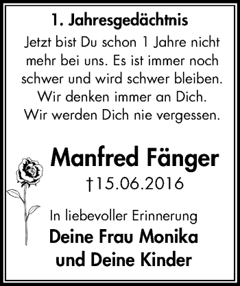 Traueranzeige von Manfred Fänger von Wochen-Anzeiger Oberhausen