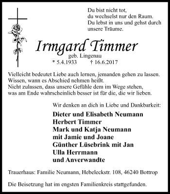 Traueranzeige von Irmgard Timmer von Stadtspiegel Bottrop