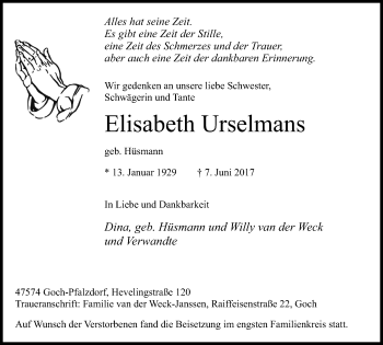 Traueranzeige von Elisabeth Urselmans von Gocher Wochenblatt