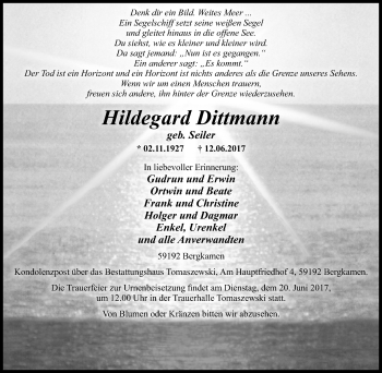 Traueranzeige von Hildegard Dittmann von Stadtspiegel Kamen + Unna