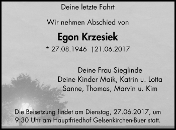 Traueranzeige von Egon Krzesiek von Stadtspiegel Gelsenkirchen