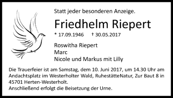 Traueranzeige von Friedhelm Riepert von Wochenblatt Herne/Wanne-Eickel