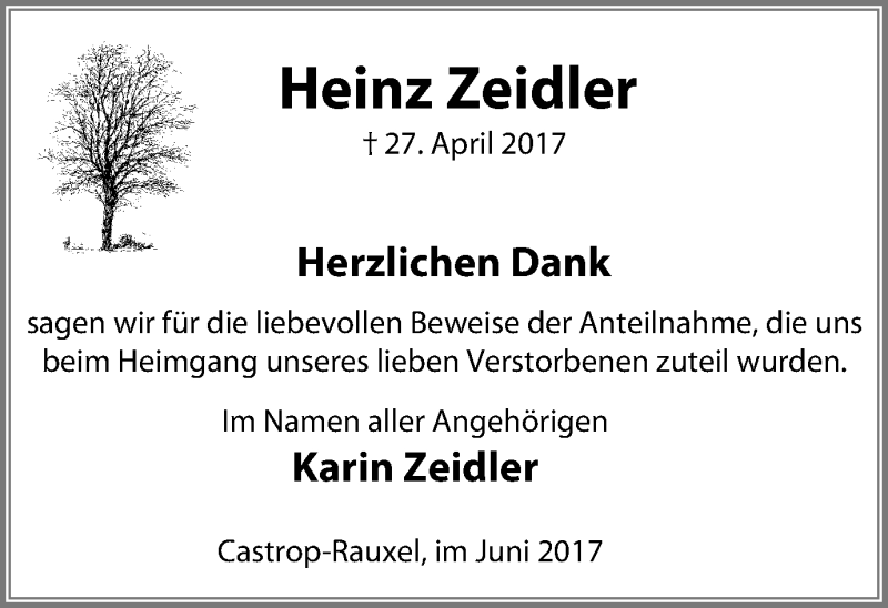  Traueranzeige für Heinz Zeidler vom 03.06.2017 aus Stadtanz.Castrop-Rauxel