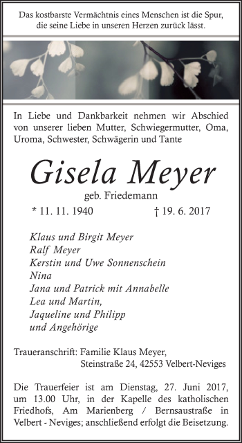Traueranzeige von Gisela Meyer von Stadtanzeiger Velbert + Heiligenhaus