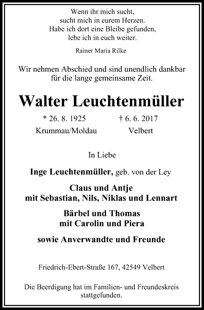  Traueranzeige für Walter Leuchtenmüller vom 14.06.2017 aus Stadtanzeiger Velbert + Heiligenhaus