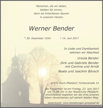 Traueranzeige von Werner Bender von Gocher Wochenblatt