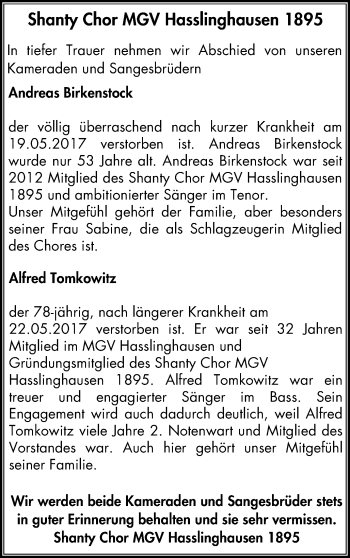 Traueranzeige von Andreas Birkenstock von wap Schwelm/Gevelsberg/Ennepetal