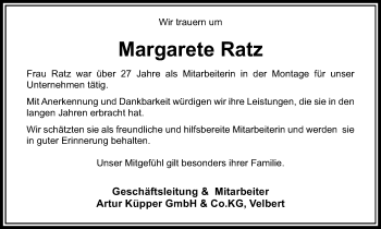 Traueranzeige von Margarete Ratz von Stadtanzeiger Velbert + Heiligenhaus