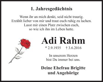 Traueranzeige von Adi Rahm von Stadtspiegel Bottrop