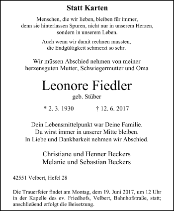 Traueranzeige von Leonore Fiedler von Stadtanzeiger Velbert + Heiligenhaus
