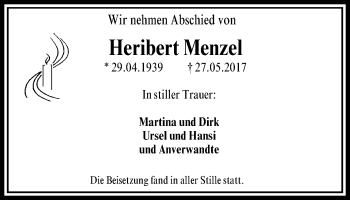 Traueranzeige von Heribert Menzel von Stadtspiegel Gladbeck