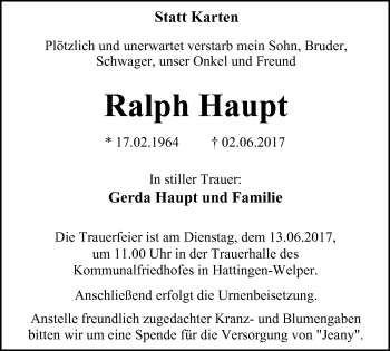 Traueranzeige von Ralph Haupt von Stadtspiegel Hattingen/Niedersprockhövel
