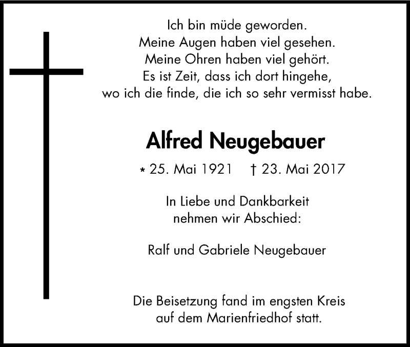  Traueranzeige für Alfred Neugebauer vom 24.06.2017 aus Wochen-Anzeiger Oberhausen