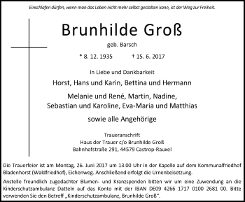Traueranzeige von Brunhilde Groß von Stadtanz.Castrop-Rauxel