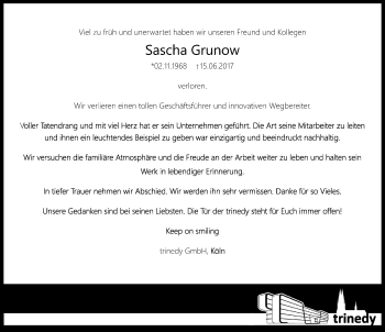Traueranzeige von Sascha Grunow von Stadtspiegel Hattingen/Niedersprockhövel