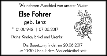 Traueranzeige von Else Fohrer von Wochen-Anzeiger Oberhausen