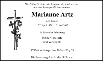 Traueranzeige von Marianne Artz von Gocher Wochenblatt